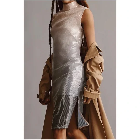 Anthropologie Sequin Ombre Mock Neck Sleeveless Midi Dress Ombre - Picture 3 of 12